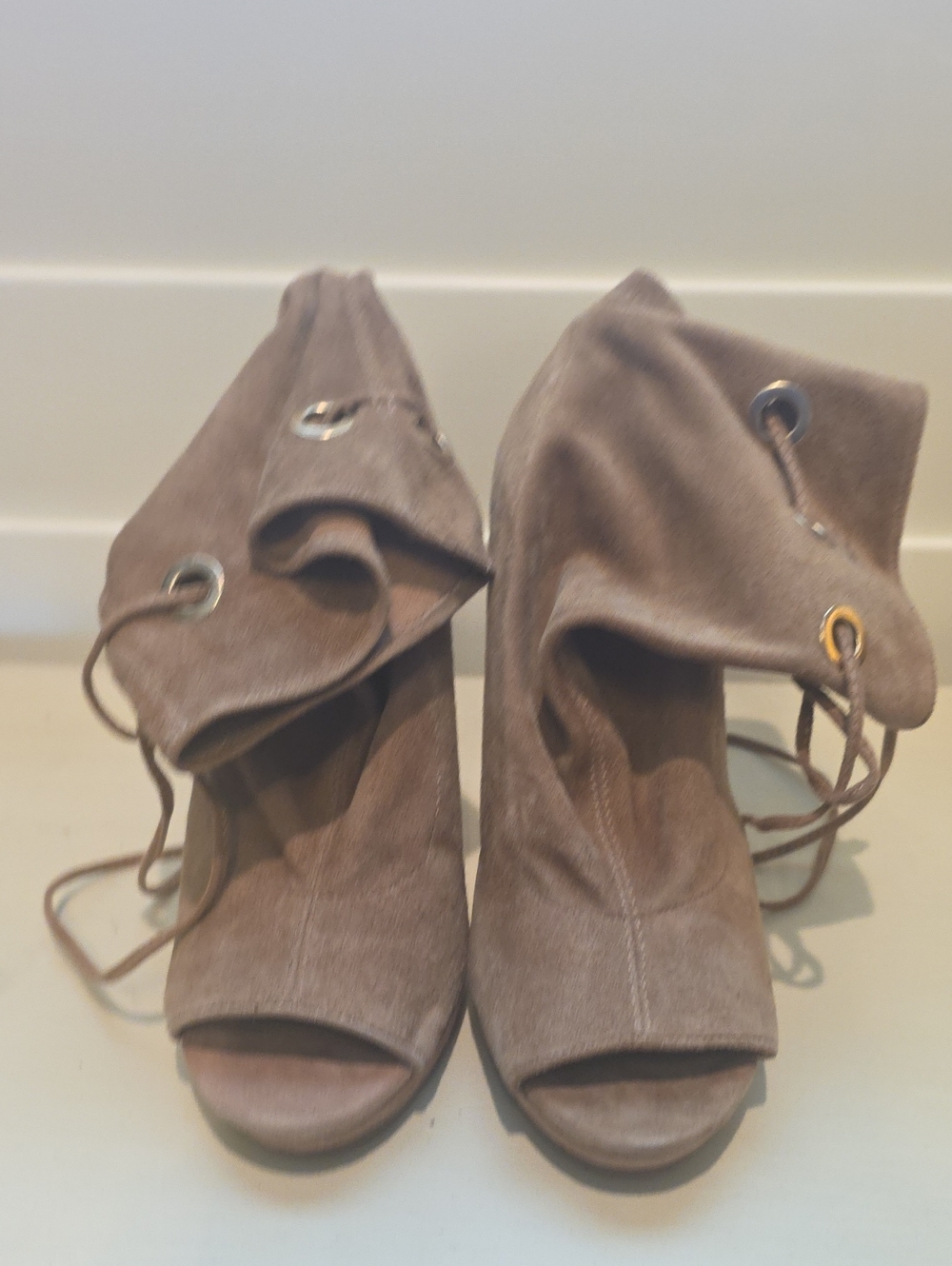Steve Madden Taupe Suede Open-Toe Lace-Up Ankle Booties